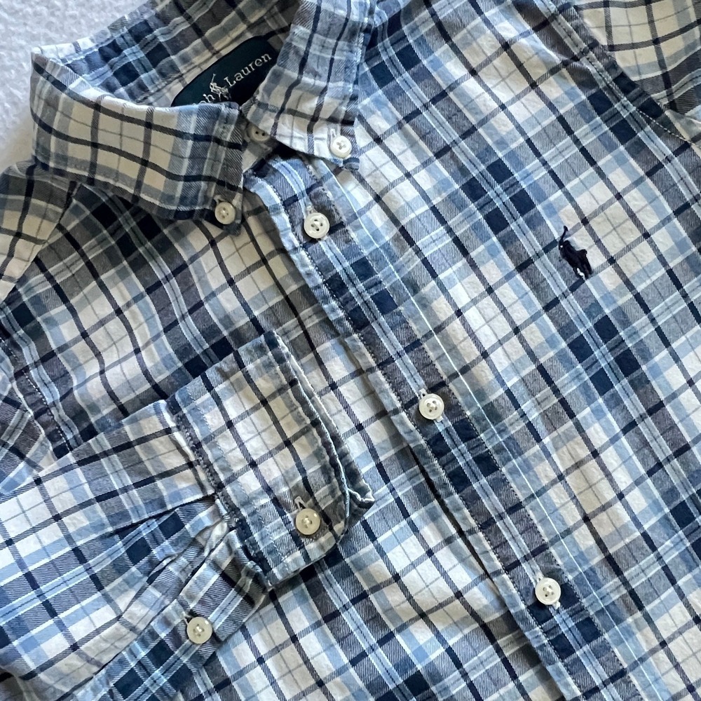 Ralph Lauren Boys Size 6 Blue Plaid Long Sleeve Button Down Shirt Preppy Stylish